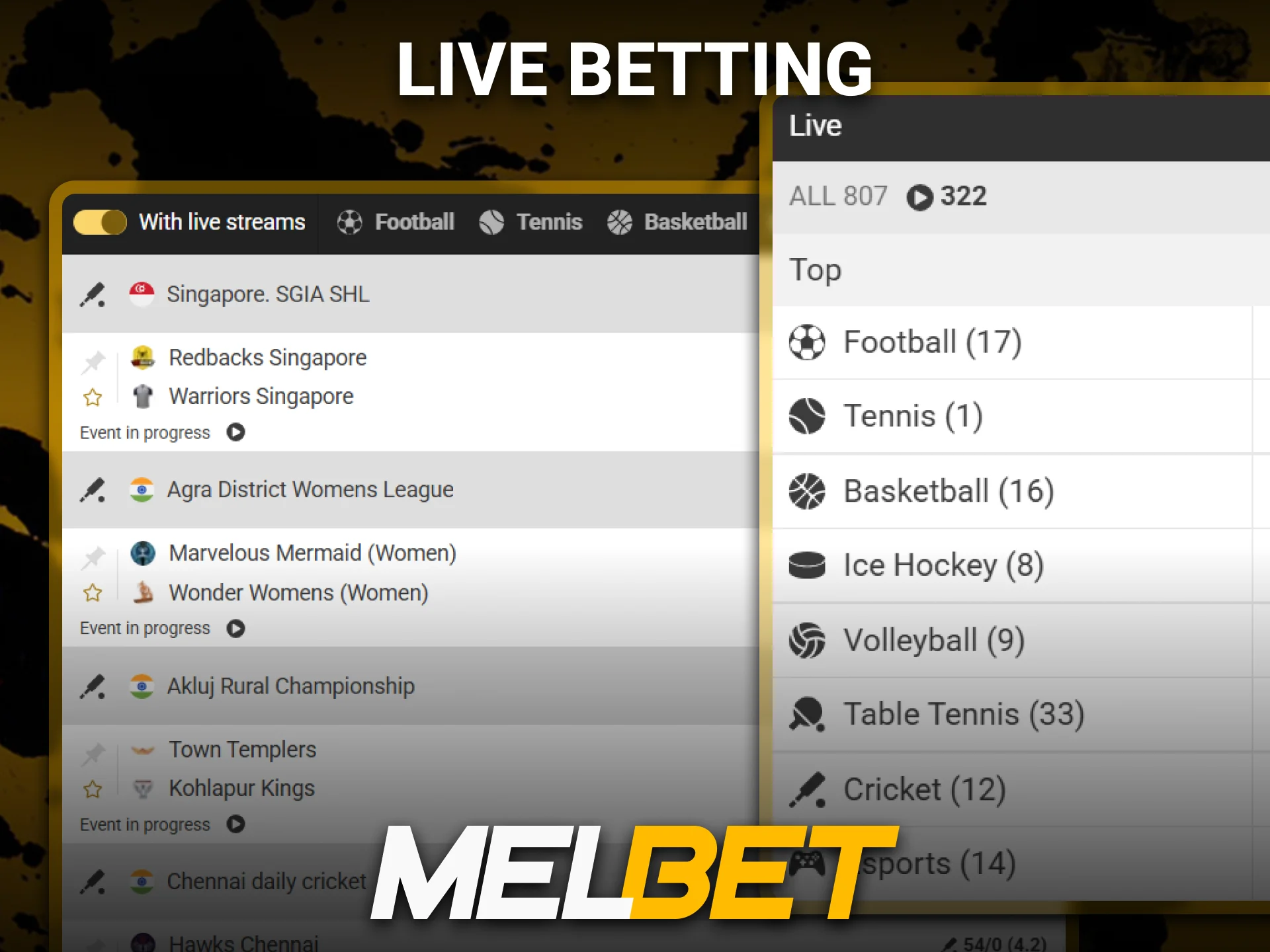 Follow live events and place in-play wagers with Melbet live betting.