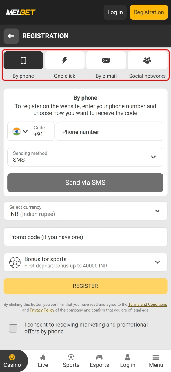 Choose your preferred sign-up method within the Melbet application.