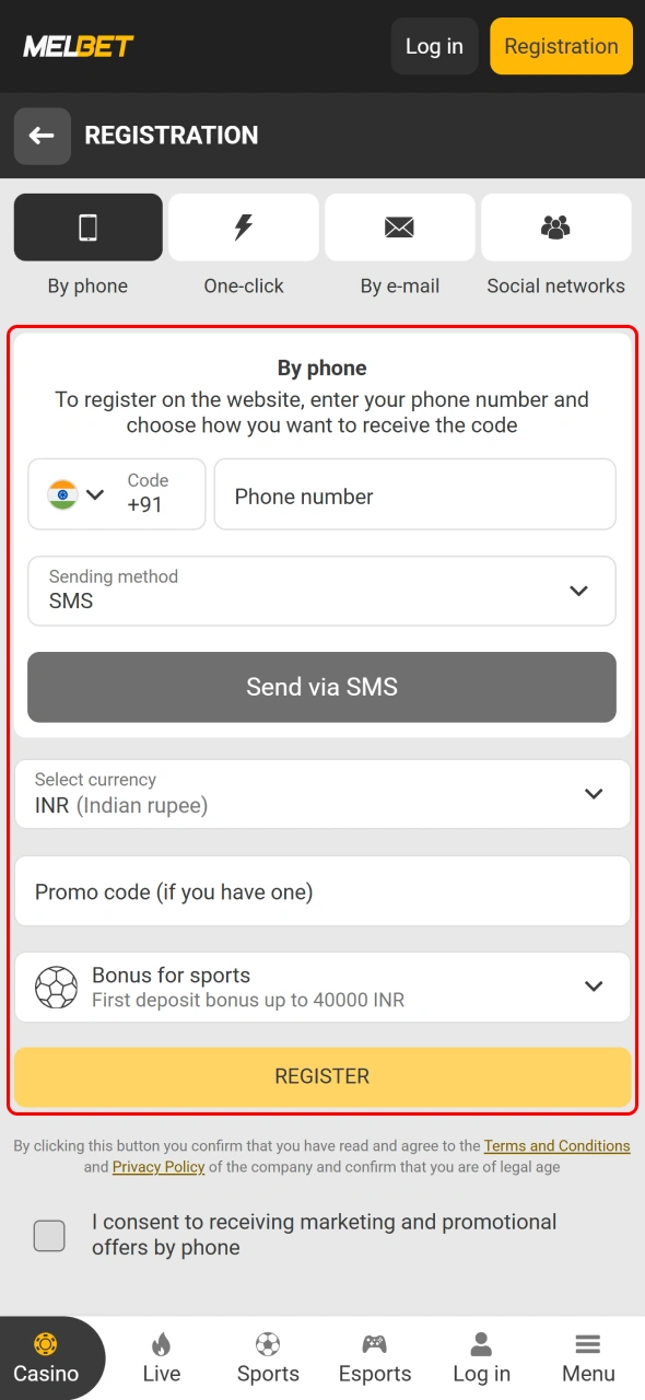 Enter your details and confirm account creation through the Melbet app.
