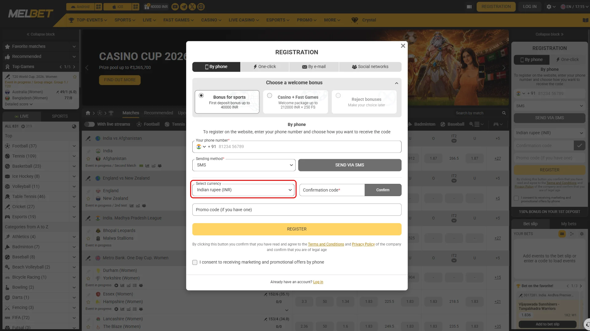 Select India and your preferred currency when creating a Melbet account.