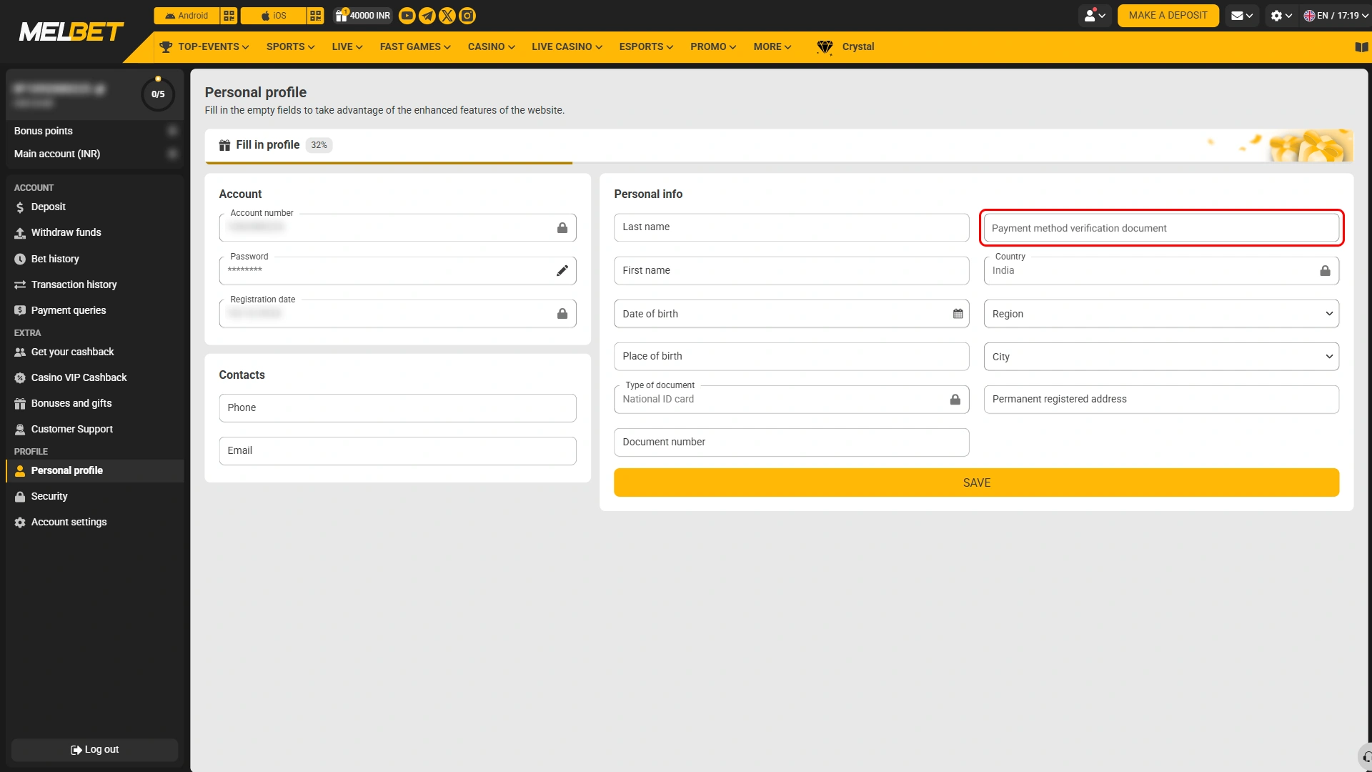 Upload a payment verification document requested by Melbet if needed.